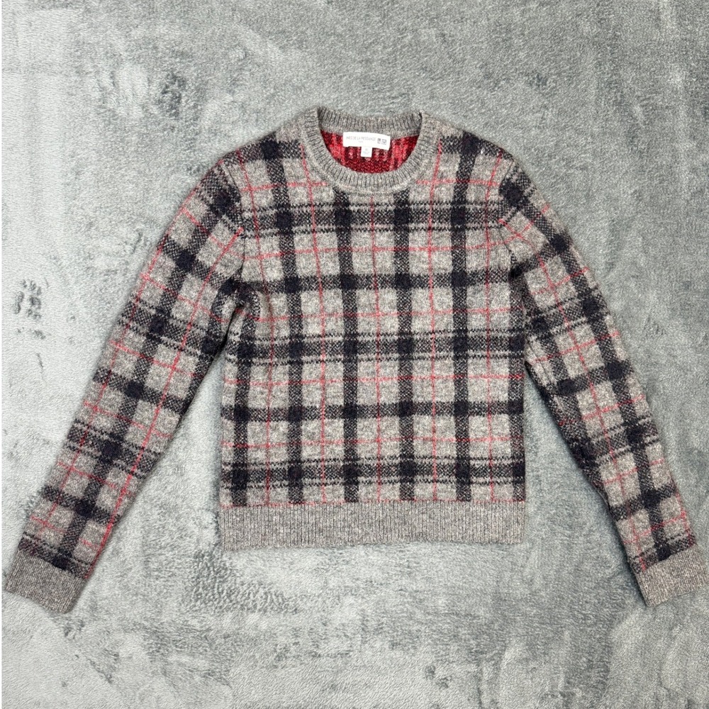 Ines de la Fressange Uniqlo Plaid Sweater‎ Gray Black Red Wool Blend Womens XS
